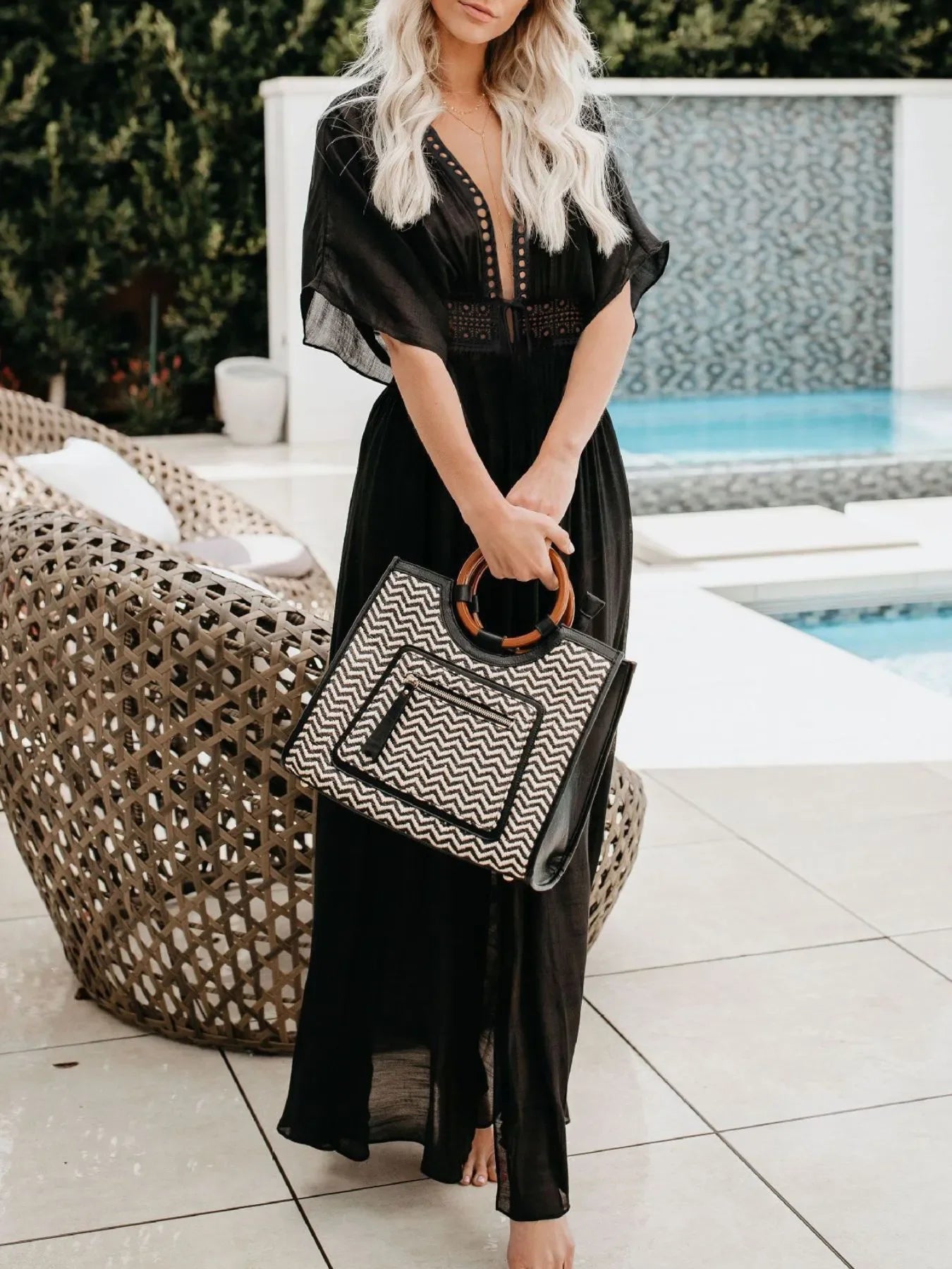 Lace Trim Plunging Neckline Beach Cover Up Maxi Dress - Southern Shores Clothing