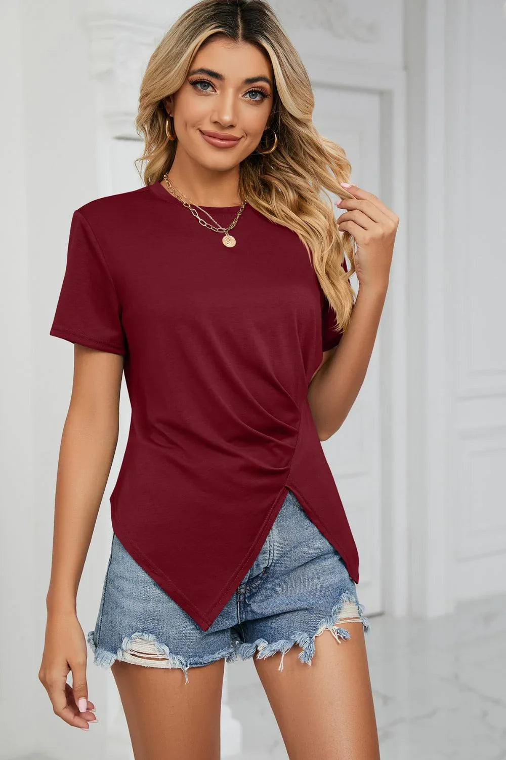 Ruched Hem Crewneck Short Sleeve T Shirt Stretchy Fabric - Southern Shores Clothing