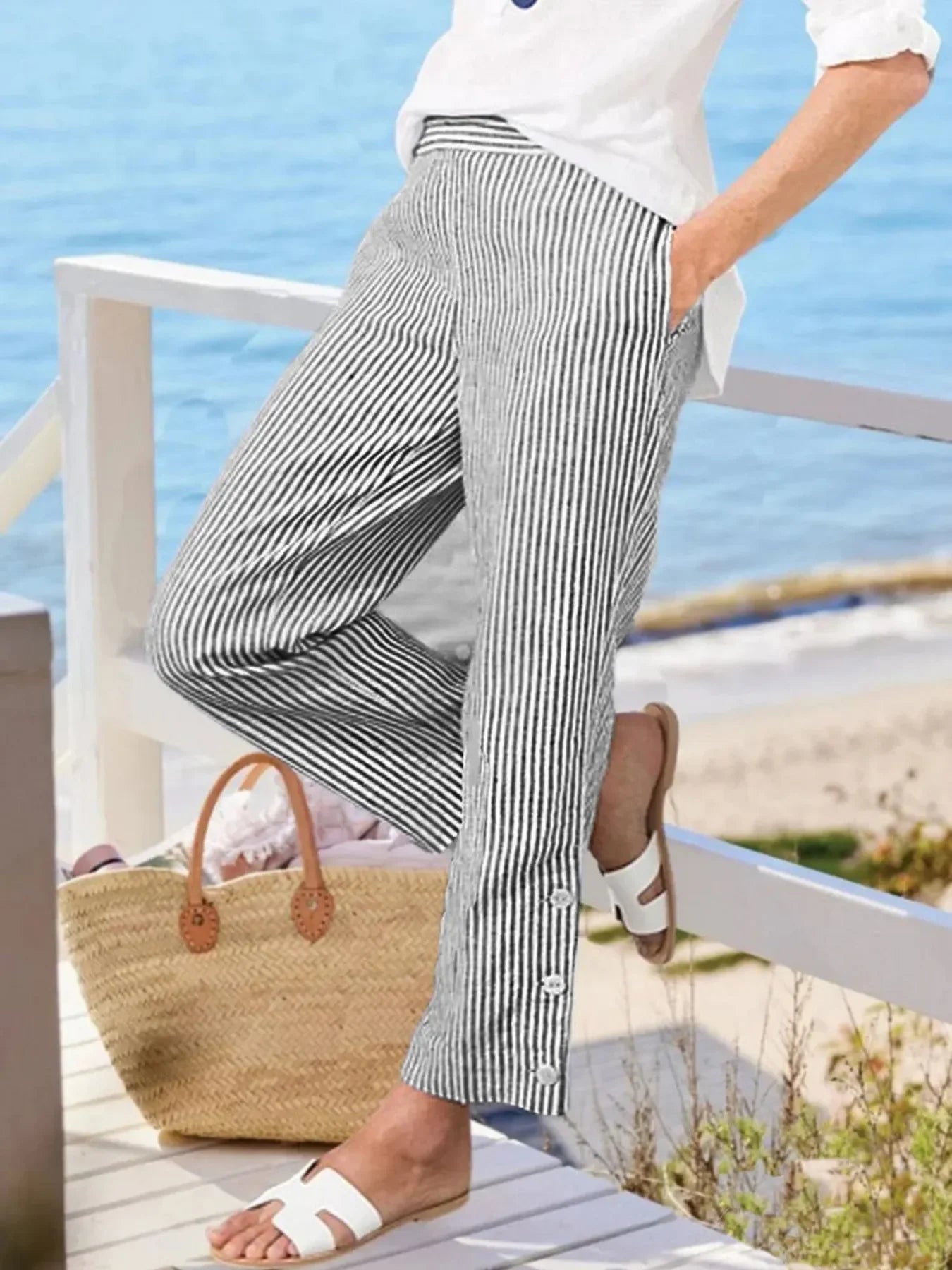 Striped Button Detail Plus Size Pants Coastal Comfort - Southern Shores Clothing