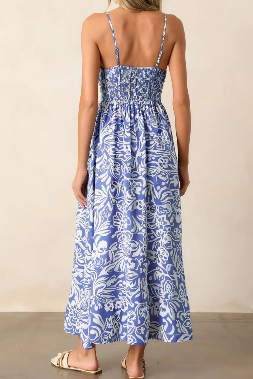 Floral Print Spaghetti Strap High Waist Midi Dress Tiered Hem - Southern Shores Clothing