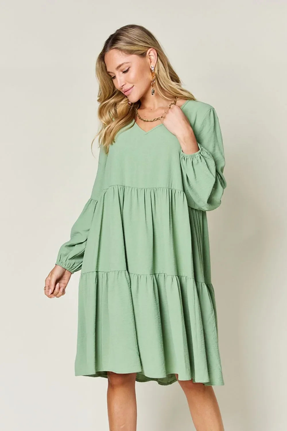 V Neck Balloon Sleeve Tiered Dress With Pockets