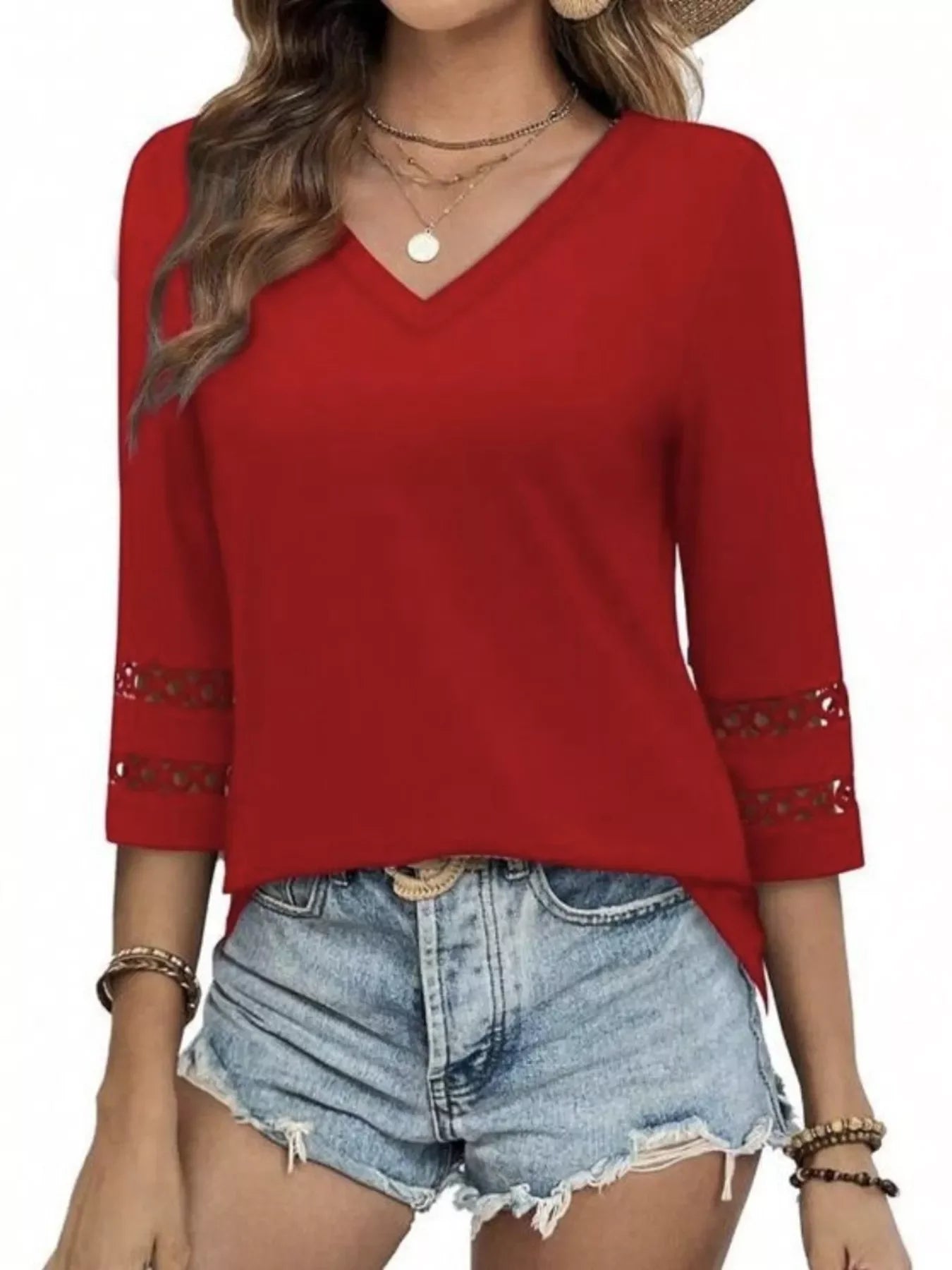 Full Size V-Neck 3/4 Sleeve T-Shirt Plus Size - Southern Shores Clothing
