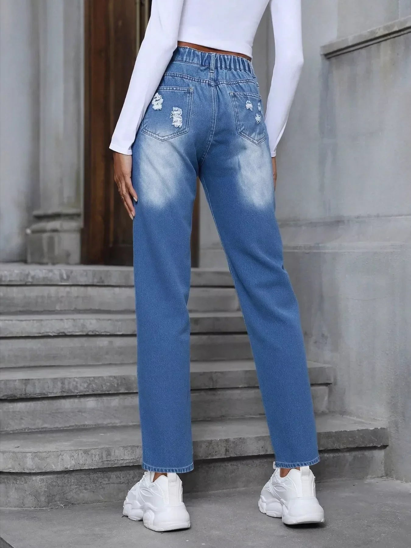 Coastal Floral Embroidered High Waist Distressed Jeans - Southern Shores Clothing