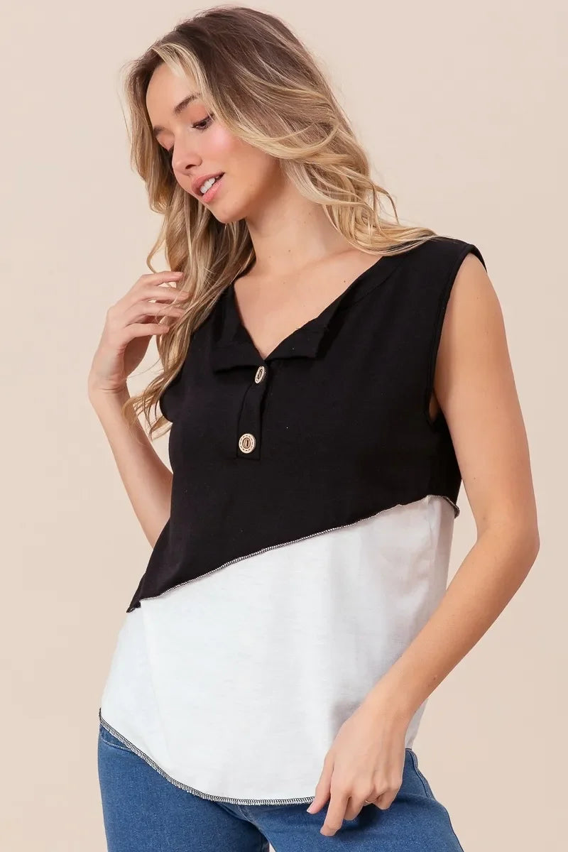 Block Design Buttoned Henley Top With Contrast Stitching - Southern Shores Clothing