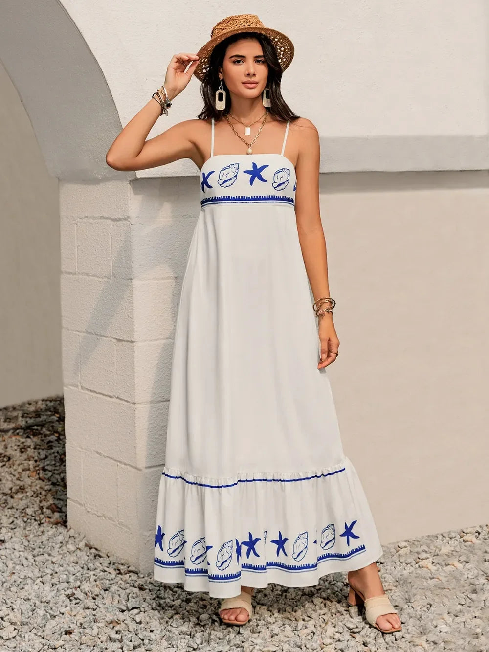 Printed Square Neck Maxi Cami Dress With Embroidered Border - Southern Shores Clothing