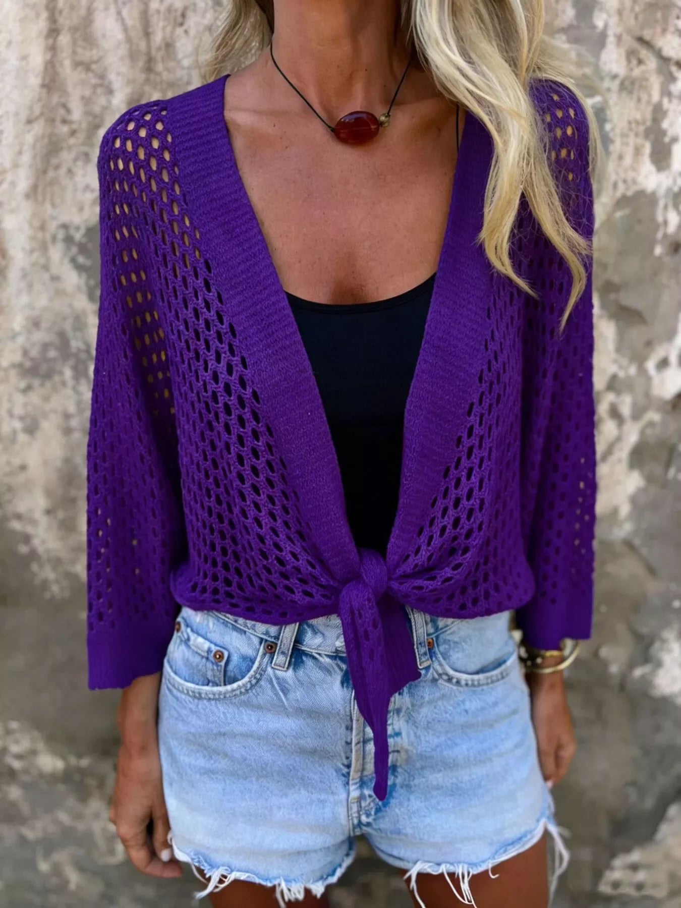 Tie-Front Crochet Knit Cover Up With Openwork Detailing - Southern Shores Clothing