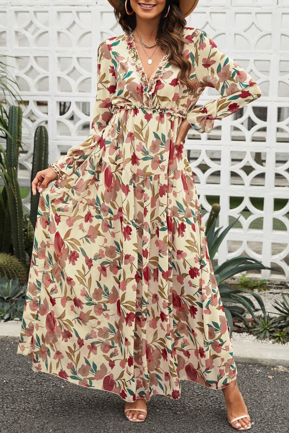 Floral Frill Trim Flounce Sleeve Plunge Maxi Dress - Southern Shores Clothing