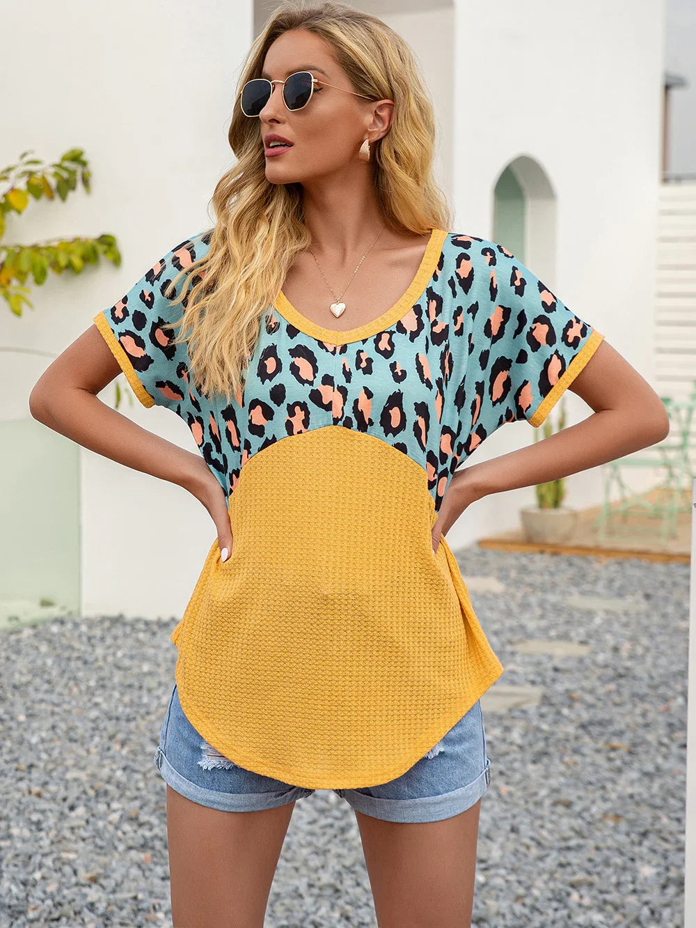 Leopard Print Waffle-Knit Short Sleeve Top - Southern Shores Clothing