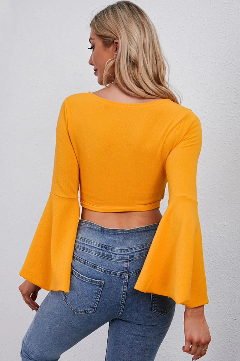 Tie Front Flare Sleeve Cropped Top Surplice Neckline Blouse - Southern Shores Clothing