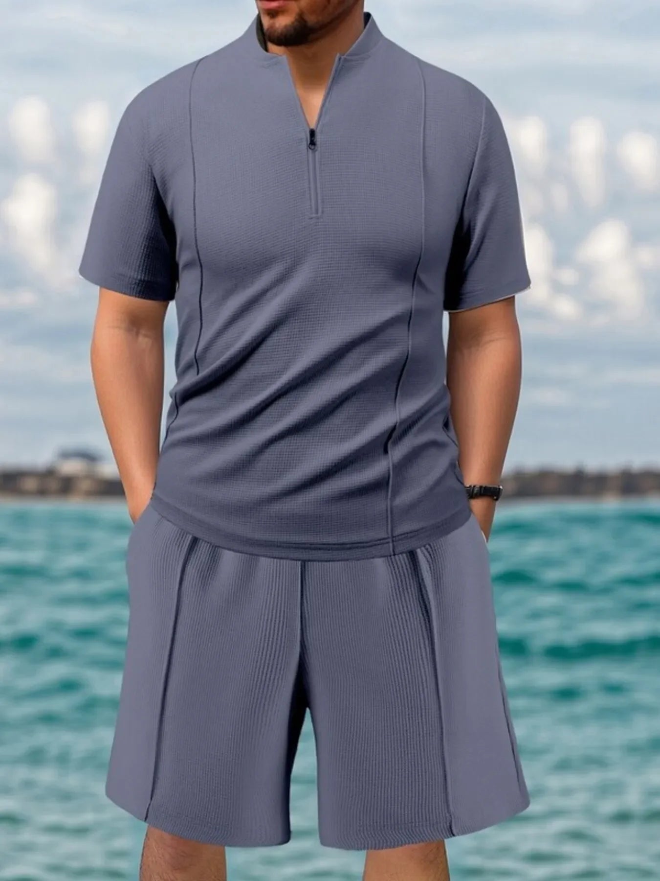 Men's Full Size Zip Front Short Sleeve Top and Shorts Set Plus Size - Southern Shores Clothing