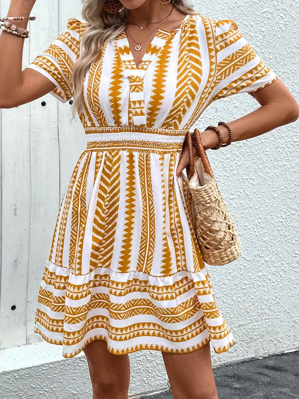 Geometric Print Notched Short Sleeve Mini Dress Casual Wearable - Southern Shores Clothing