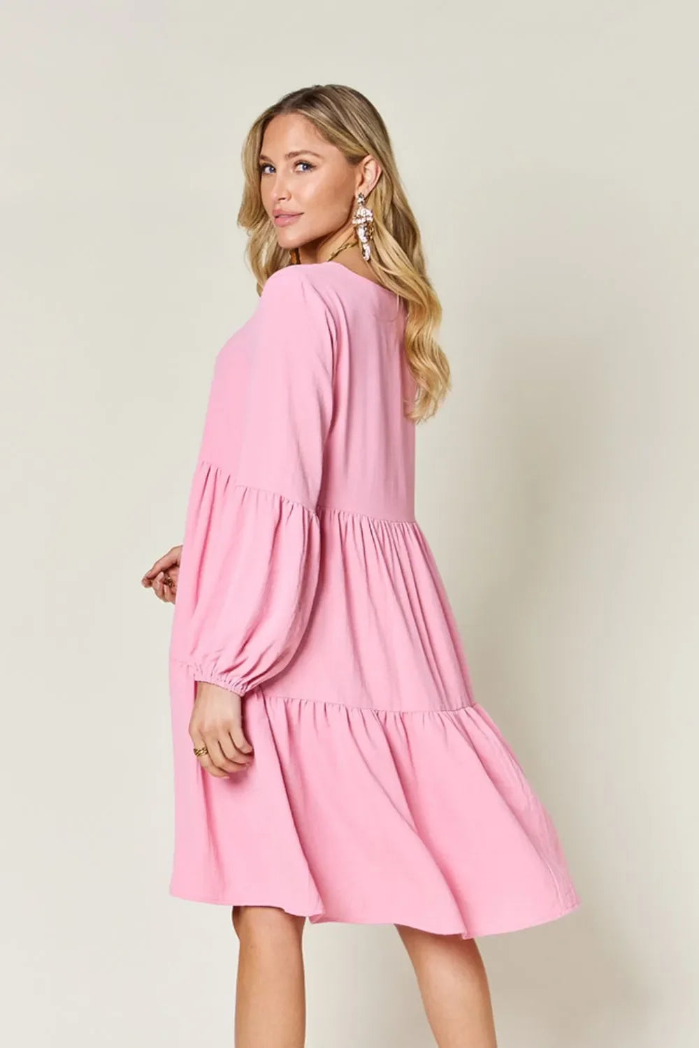 V Neck Balloon Sleeve Tiered Dress With Pockets - Southern Shores Clothing