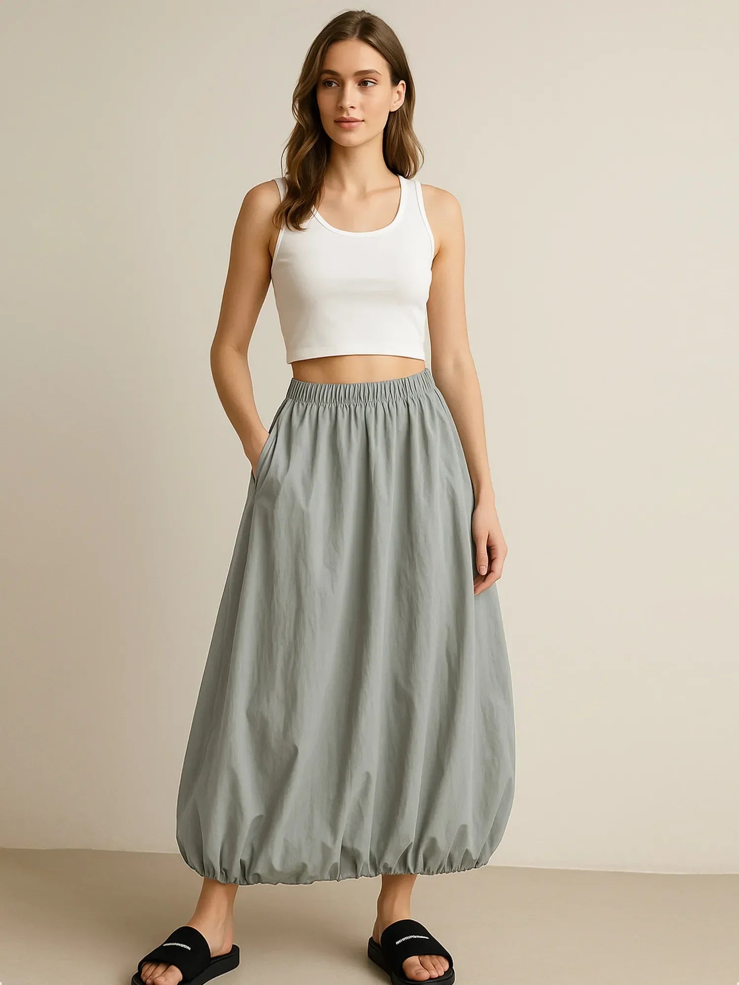 Elastic Waist Bubble Hem Maxi Skirt One Size - Southern Shores Clothing