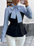 Striped Long Sleeve Buttoned Blouse With Bow Tie - Southern Shores Clothing