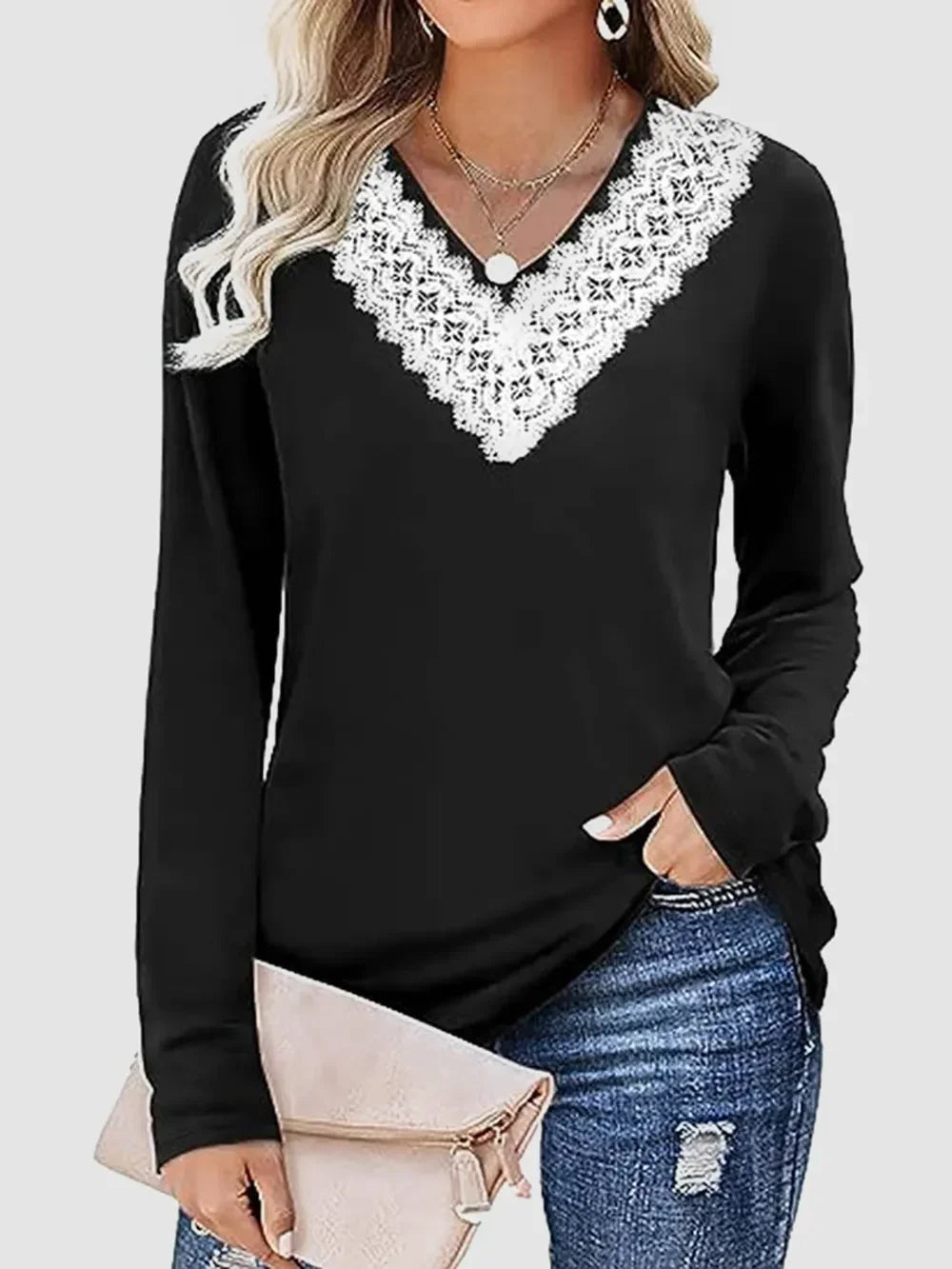 Lace Detail V-Neck Long Sleeve T-Shirt With Soft Stretch - Southern Shores Clothing