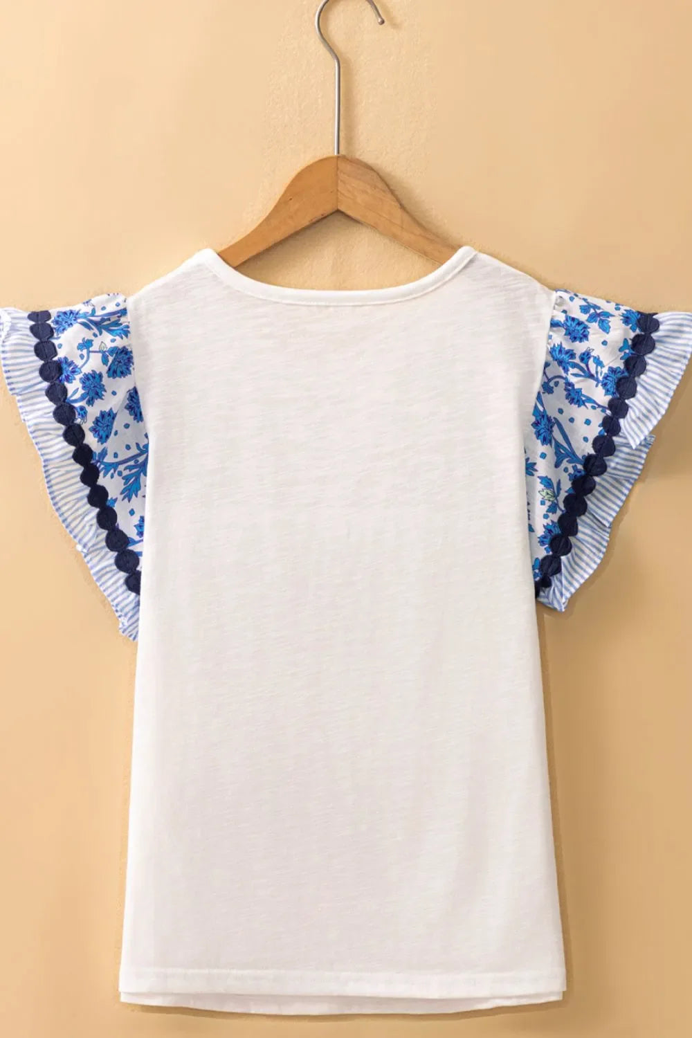 Round Neck Printed Ruffled Sheer Cap Sleeve Blouse Lightweight - Southern Shores Clothing