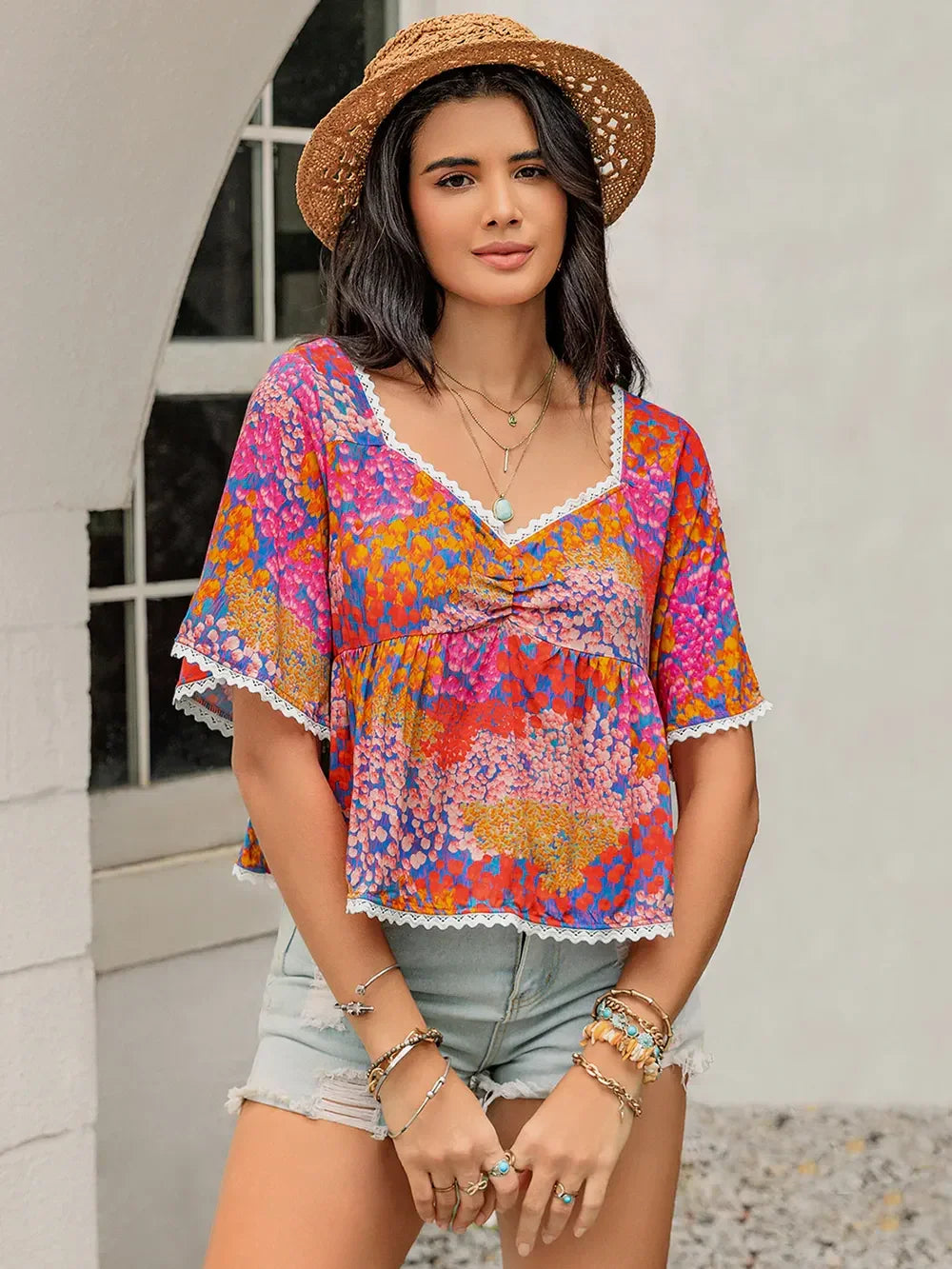 Floral Print Ruched Half Sleeve Blouse With Scalloped Lace Trim - Southern Shores Clothing