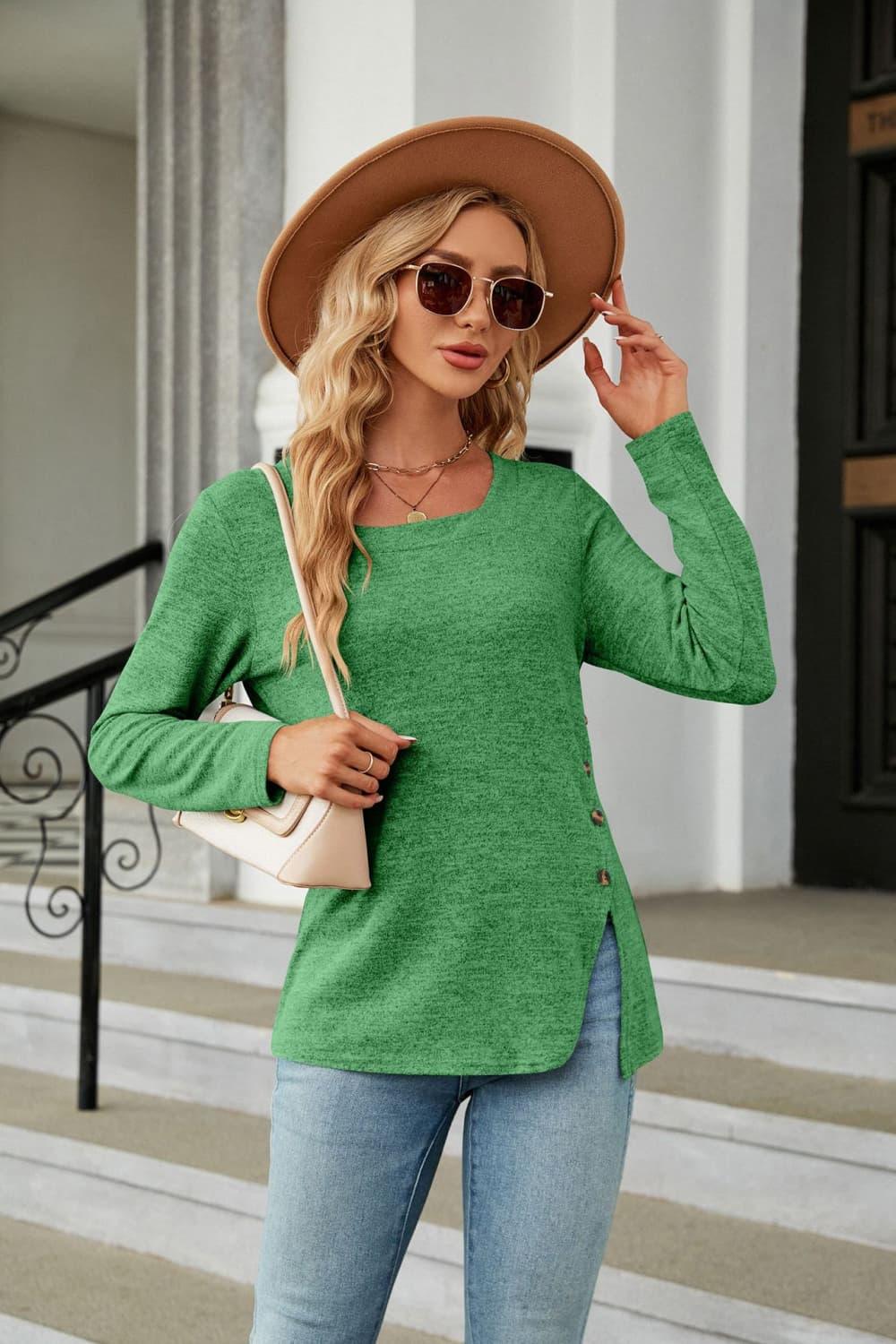 Square Neck Long Sleeve Slit Stretchy T Shirt - Southern Shores Clothing