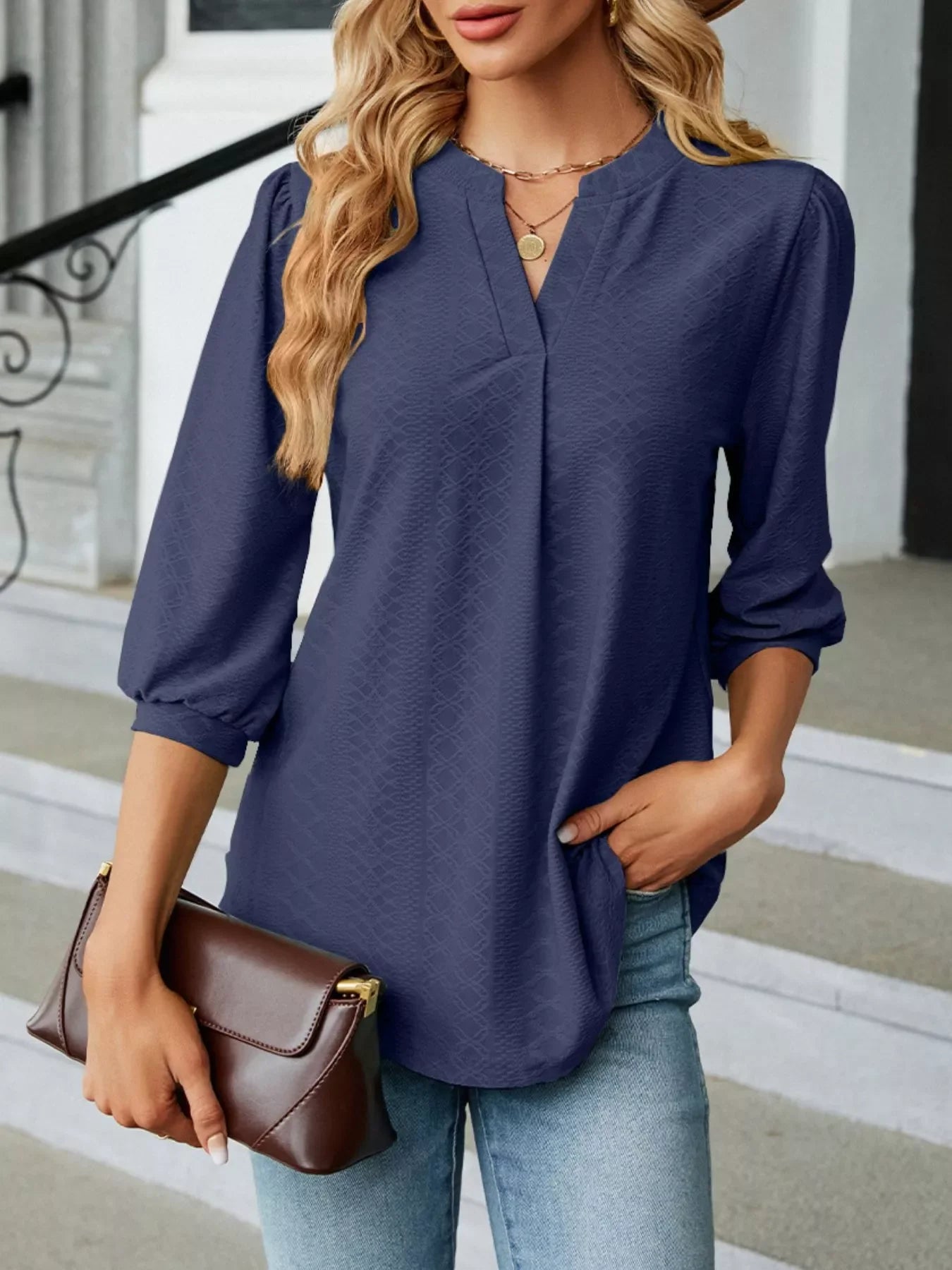 Notched 3/4 Sleeve Casual Top - Southern Shores Clothing