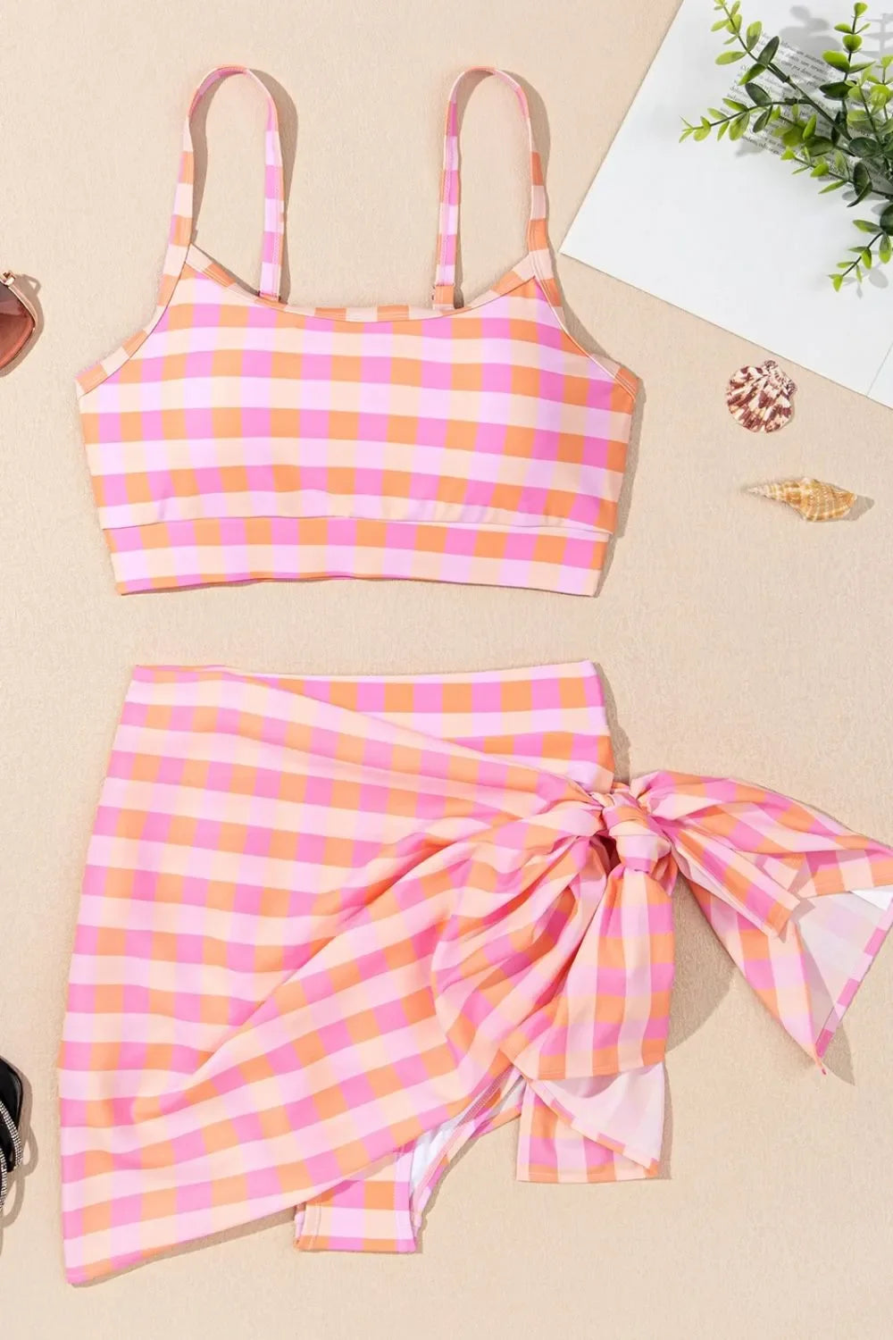 Plaid Print High Waist Bikini Set With Removable Pads Three Piece - Southern Shores Clothing