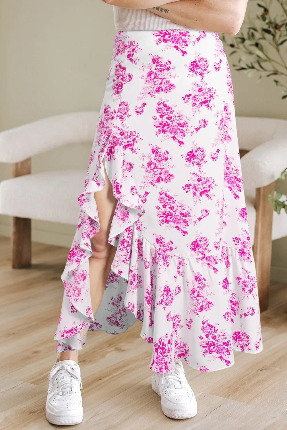 Boho Floral High Waist Ruffle Split Maxi Skirt - Southern Shores Clothing