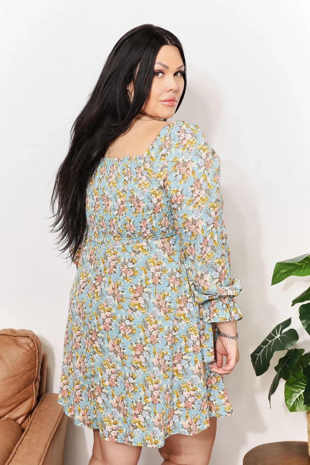 Floral Smocked Flounce Sleeve Square Neck Dress - Southern Shores Clothing