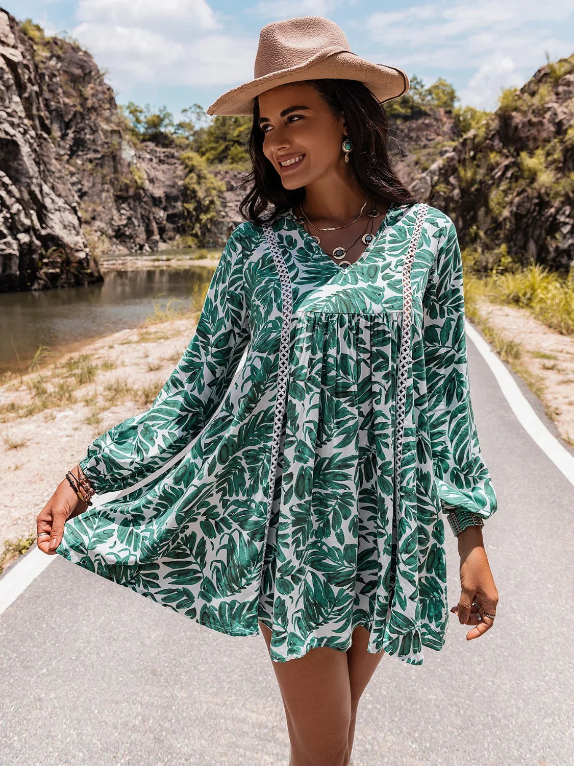 Long Sleeve V-Neck Mini Dress - Southern Shores Clothing