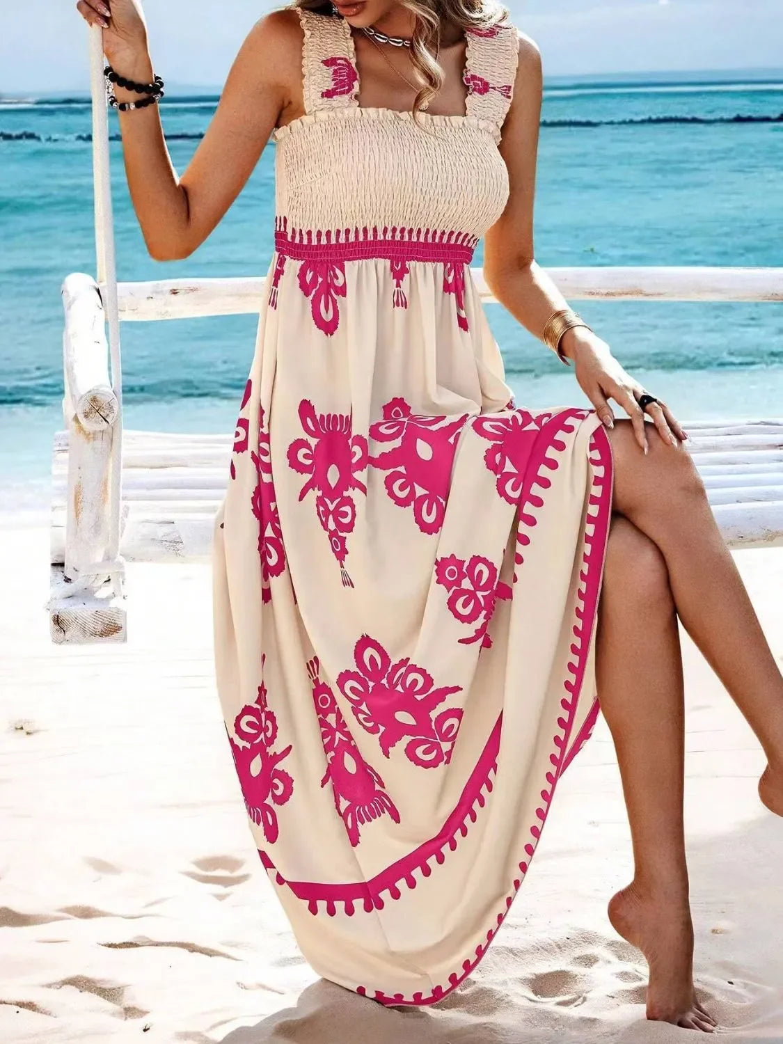 Smocked Printed Maxi Dress With Wide Straps Boho Style Details - Southern Shores Clothing