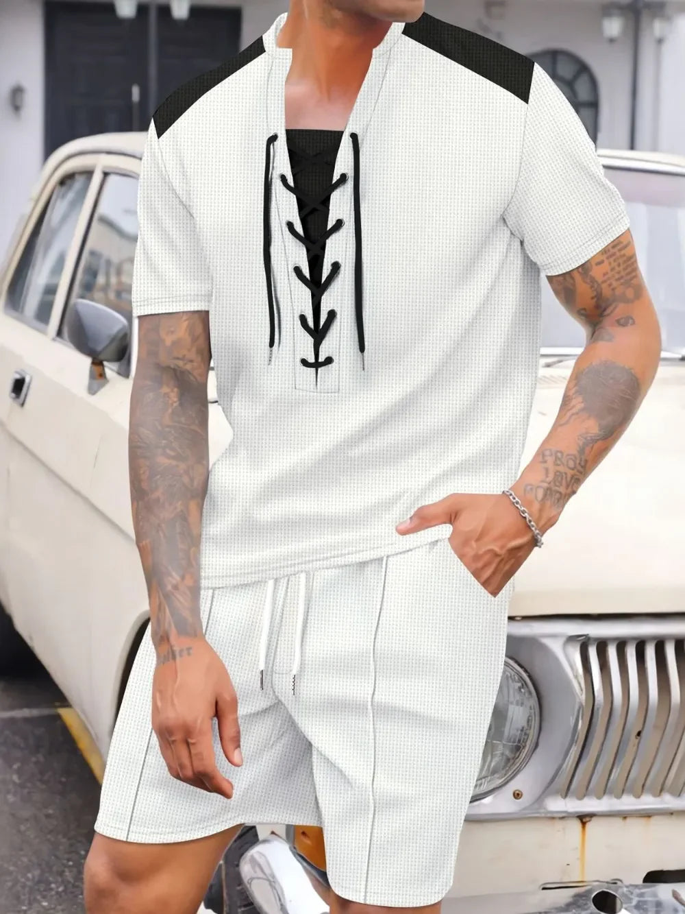 Men's Full Size Lace-Up Waffle Knit Top and Shorts Set Plus Size - Southern Shores Clothing