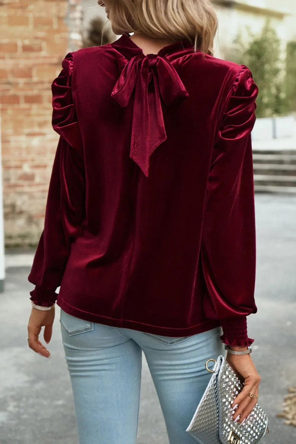 Southern Shores Clothing Long Sleeve Tie Up Mock Neck Velvet Fabric Blouse Design For Everyday Wear - Southern Shores Clothing