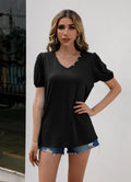V-Neck Puff Sleeve Tee With Decorative Buttons - Southern Shores Clothing