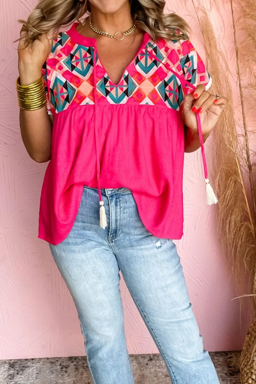 Geometric Embroidered Tassel Tie Neck Blouse - Southern Shores Clothing