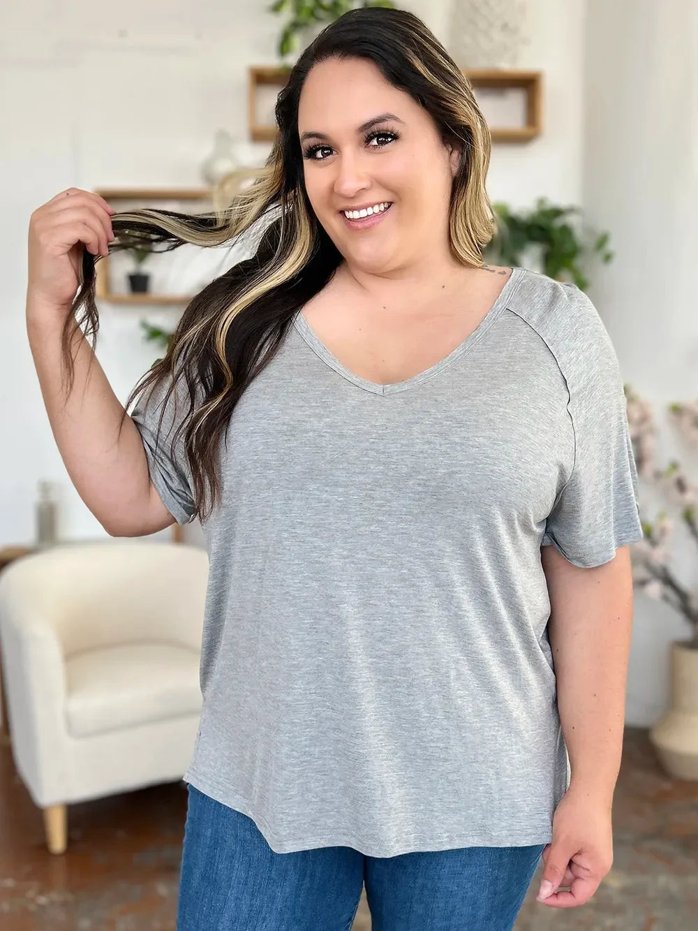 Basic Bae Full Size Bamboo Slit V-Neck Short Sleeve T-Shirt - Southern Shores Clothing