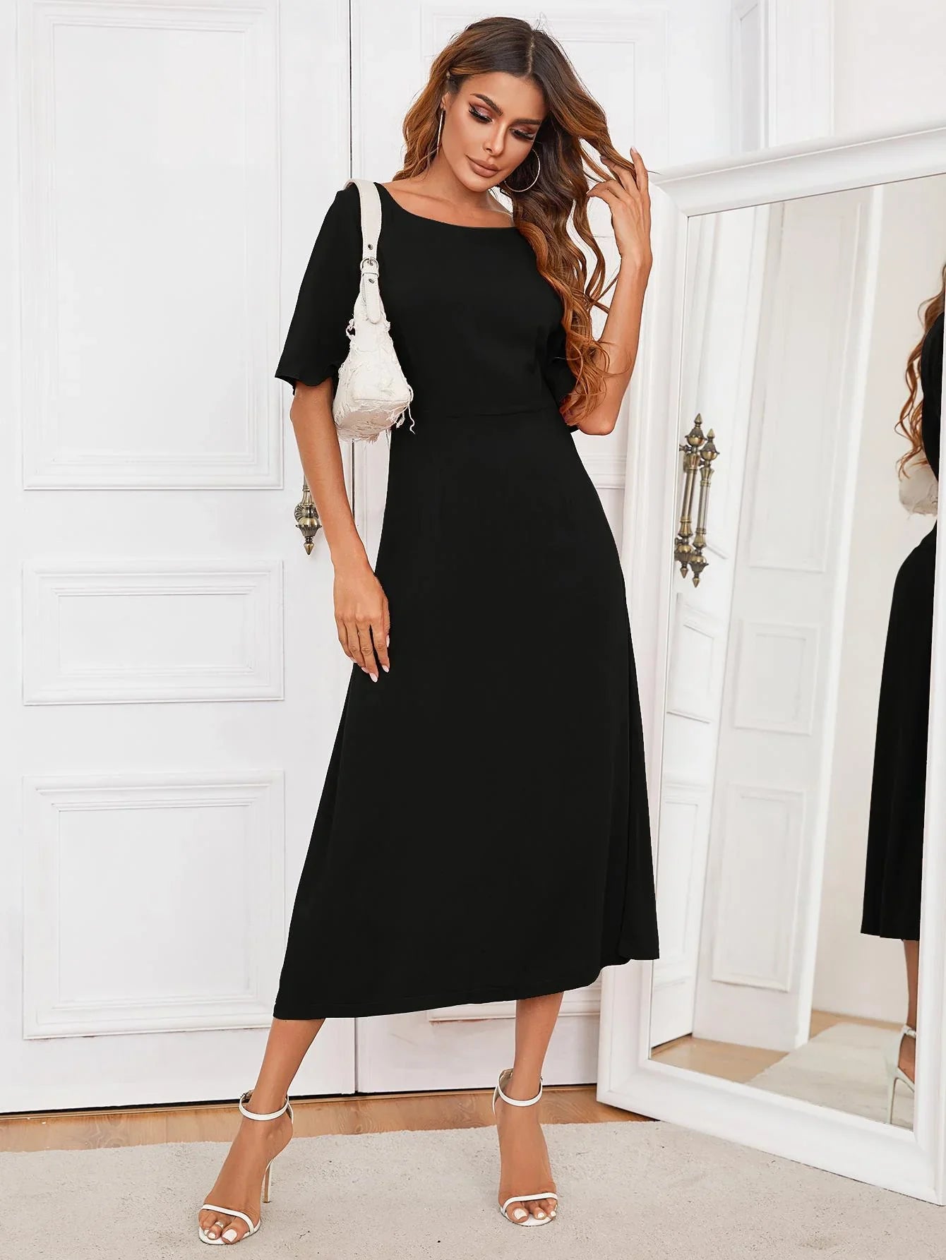 Round Neck Cutout Half Sleeve Midi Dress - Southern Shores Clothing