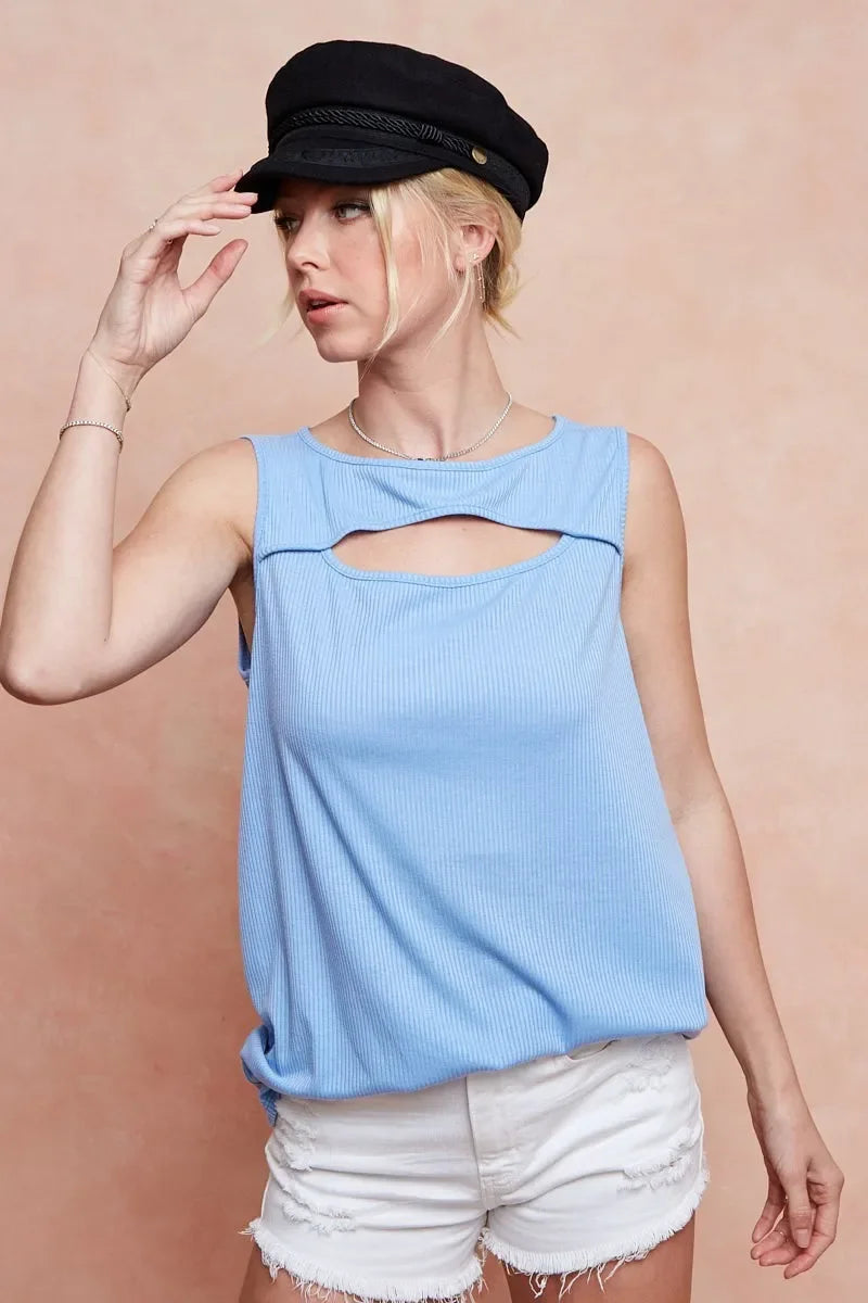 Rib Knit Sleeveless Tank Top With Cut Out Front - Southern Shores Clothing