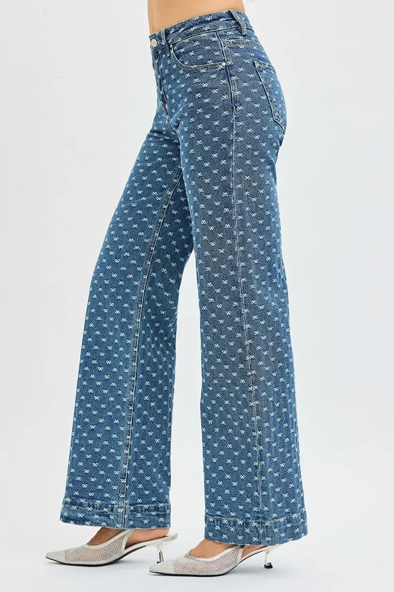 High Rise Wide Leg Bow Embroidered Denim Jeans - Southern Shores Clothing