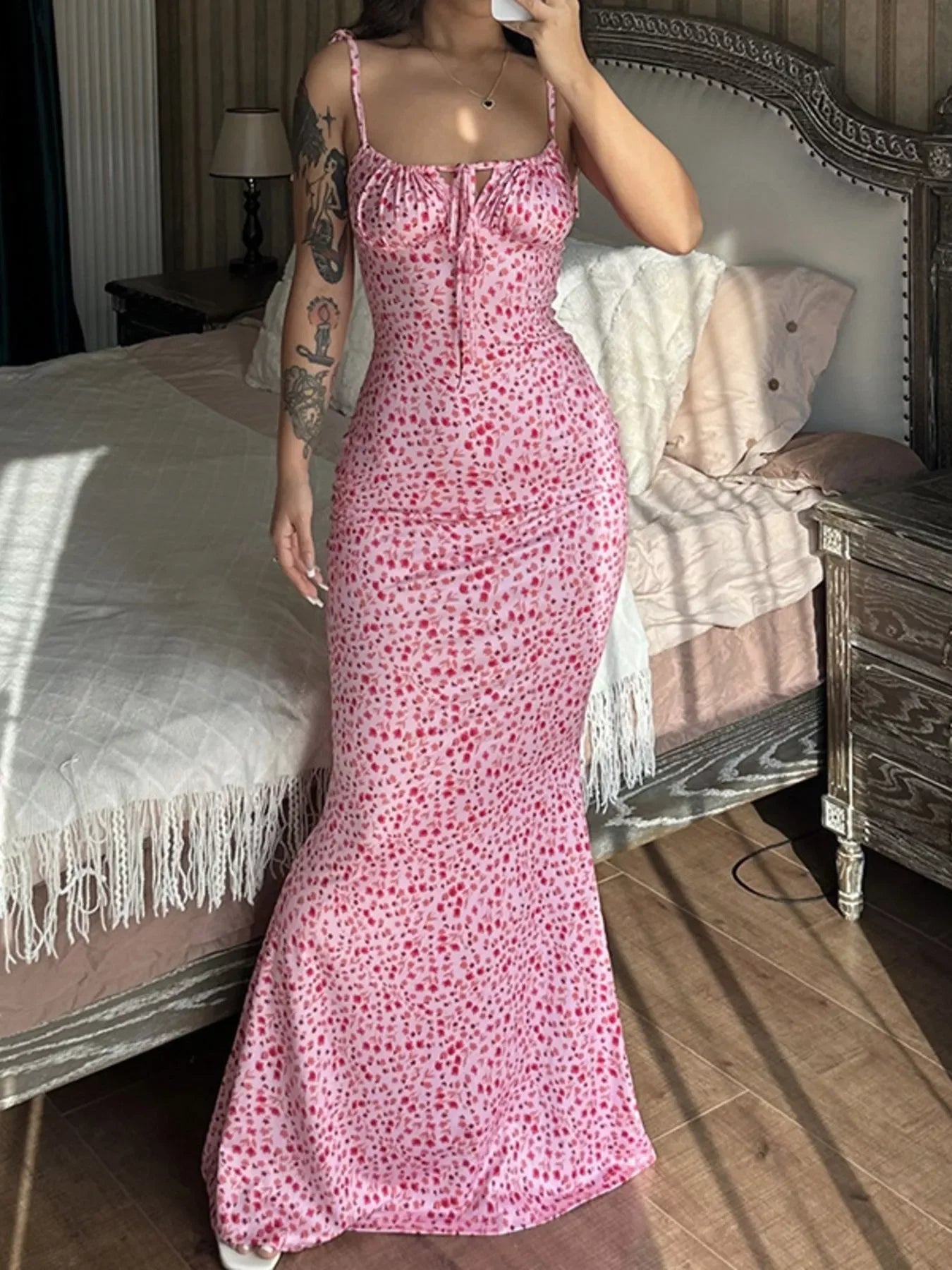 Floral Print Tie Strap Bodycon Maxi Dress - Southern Shores Clothing