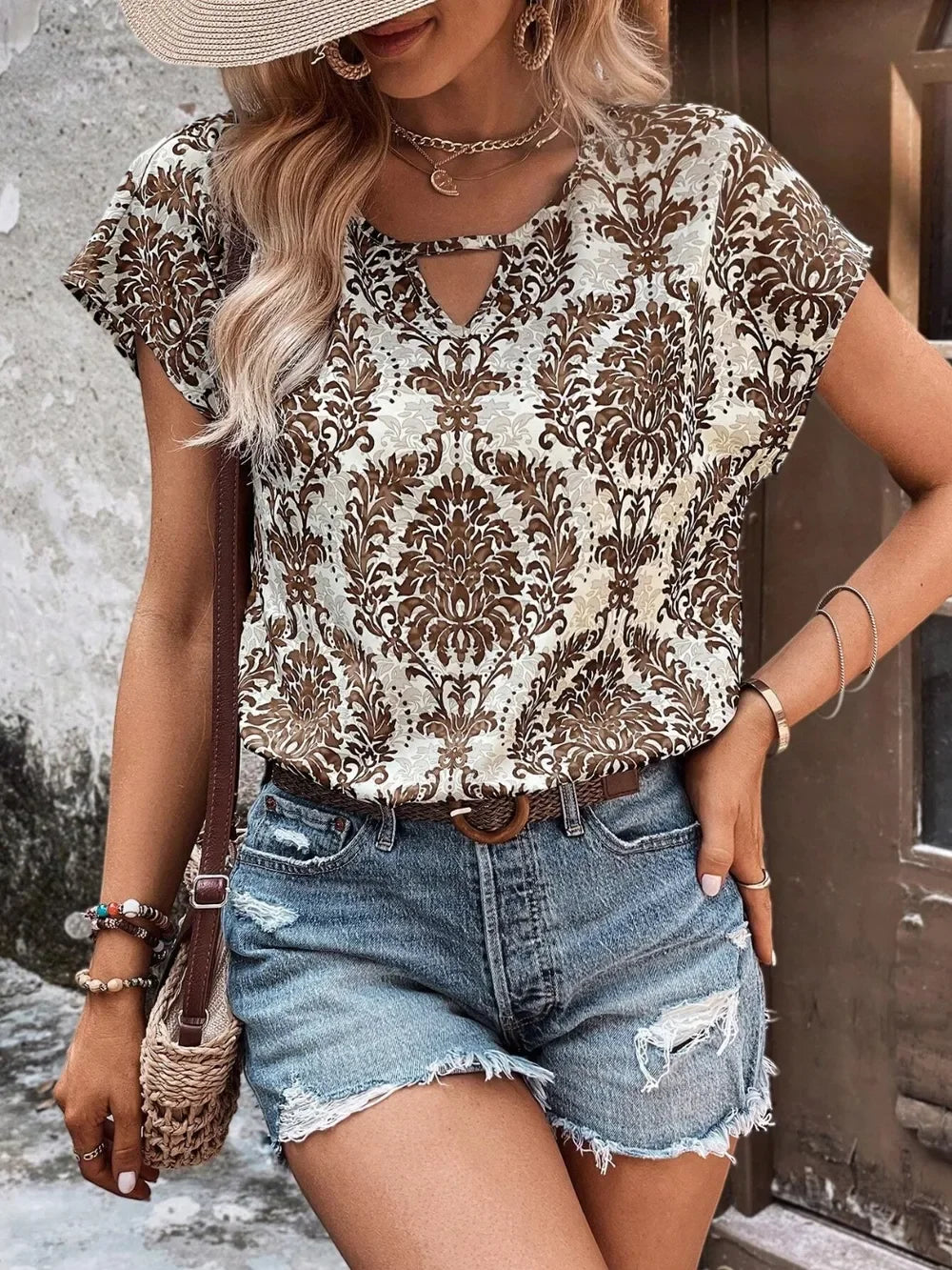 Printed Short Sleeve Polyester Blouse With Elegant Design - Southern Shores Clothing