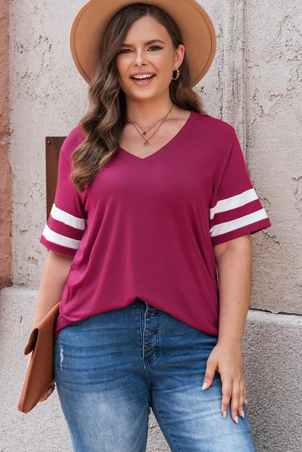 Plus Size Striped V-Neck Short Sleeve T-Shirt - Southern Shores Clothing