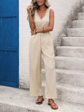 V-Neck Drawstring Waist Wide Leg Jumpsuit - Southern Shores Clothing