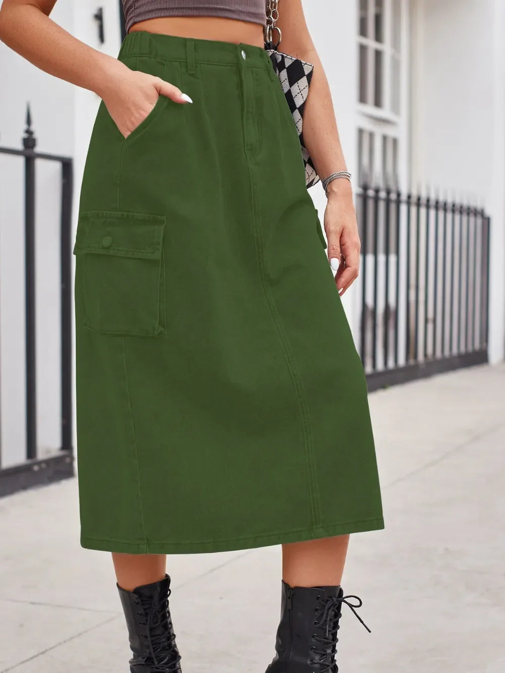 Slit Buttoned Denim Skirt With Pockets Classic - Southern Shores Clothing