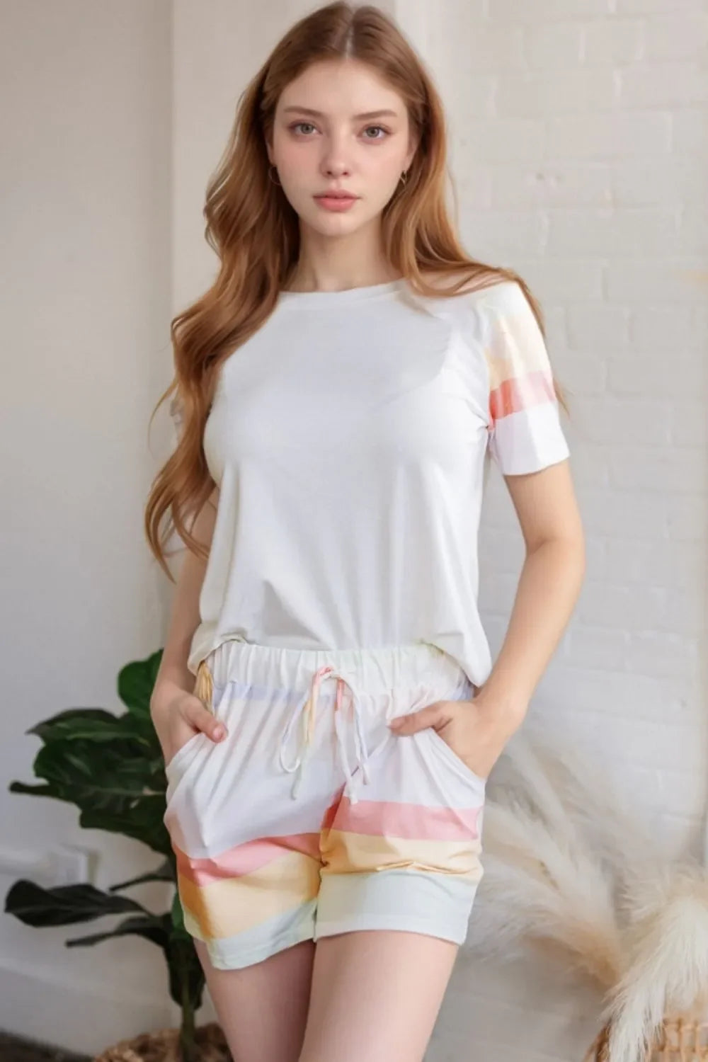 Striped Round Neck T Shirt And Shorts Lounge Set - Southern Shores Clothing