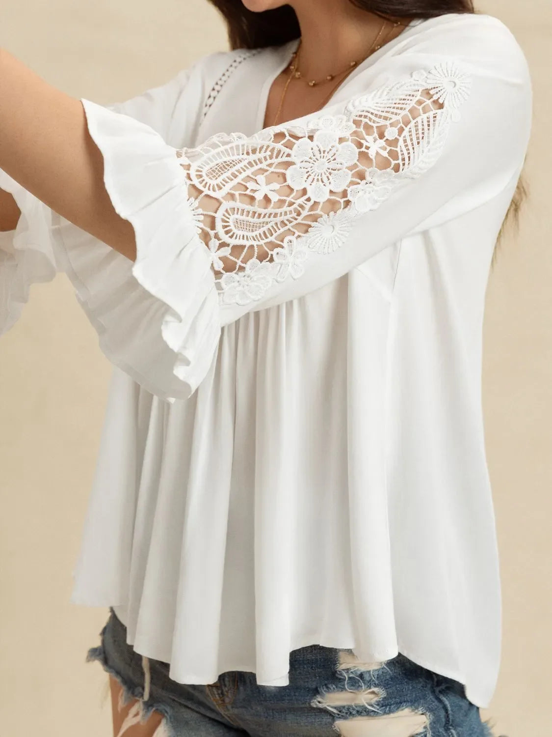 V-Neck Lace Flounce Sleeve Top With Cutout Details And Lace Trim - Southern Shores Clothing