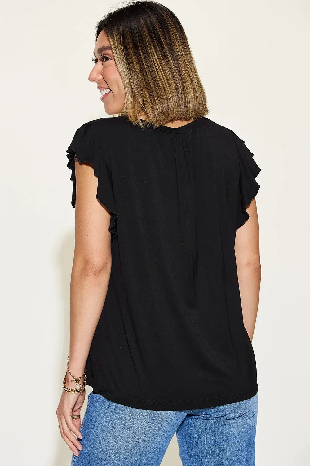 Bamboo Notched Ruffled Short Sleeve T Shirt - Southern Shores Clothing