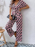 Printed Surplice Tie Waist Short Sleeve Jumpsuit - Southern Shores Clothing