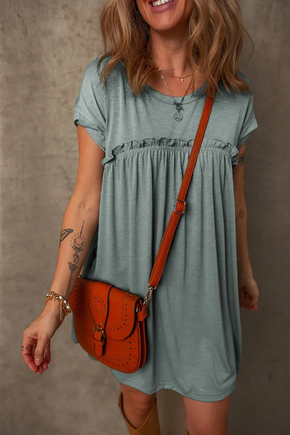 Frilled Gathered Seam Round Neck T Shirt Dress With Stretch - Southern Shores Clothing