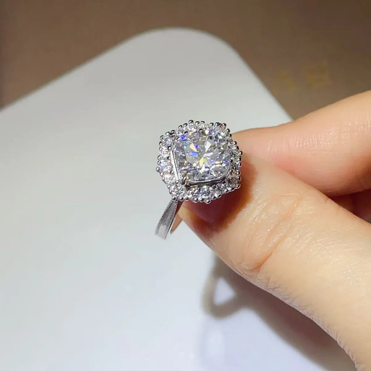 Cushion Cut Moissanite Ring 3 Carat Halo 925 Sterling Silver - Southern Shores Clothing