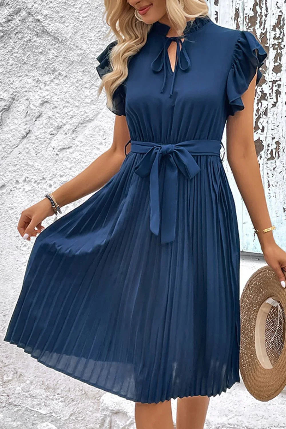 Perfee Tie Neck Belted Pleated Dress - Southern Shores Clothing