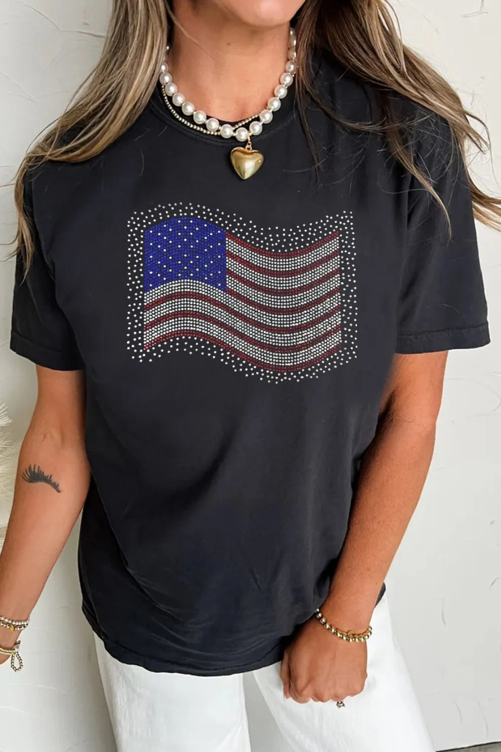 Women's US Flag Rhinestone Round Neck Short Sleeve T-Shirt