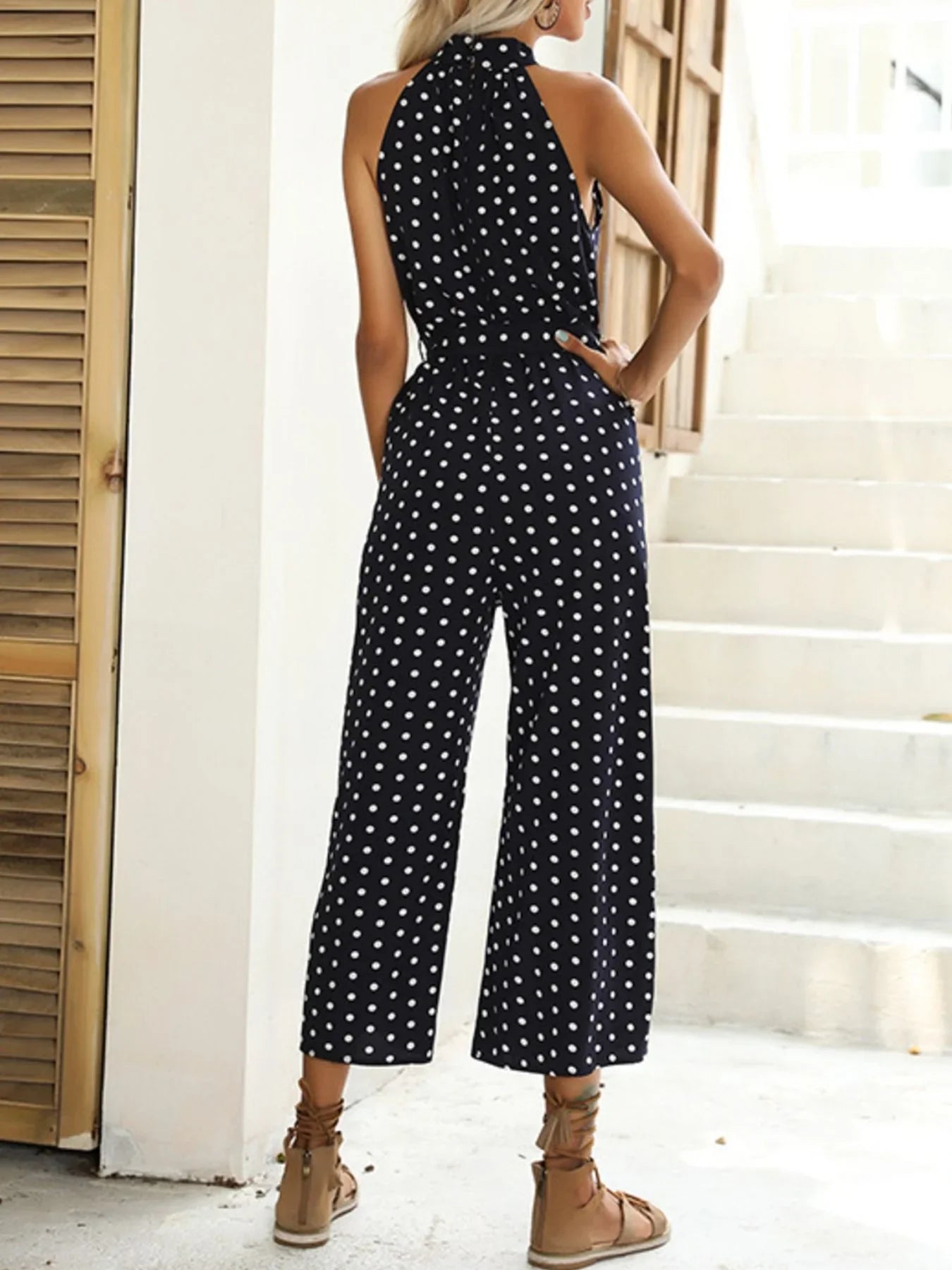 Polka Dot Halter Neck Wide Leg Jumpsuit Style - Southern Shores Clothing